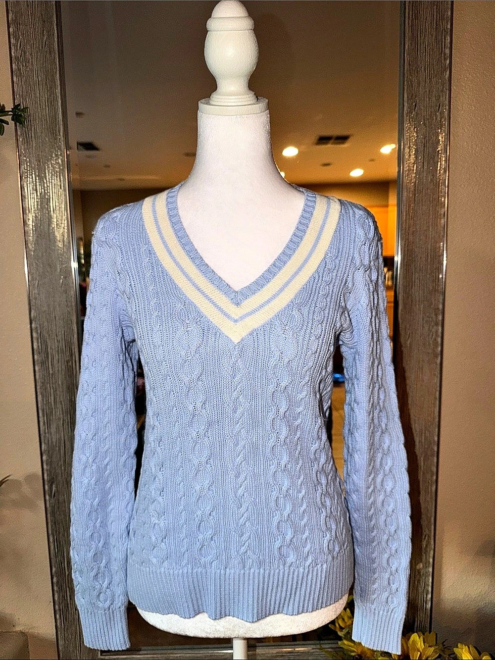 Lauren Ralph Lauren Cable-Knit Cotton Cricket Sweater Blue & Cream Size PS